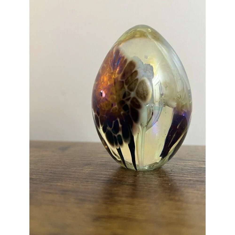 Vintage Metallic Multi Colored Swirl Egg Paperweight White Trumpet Flower